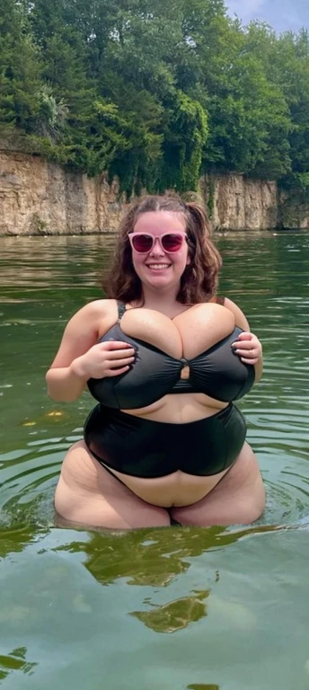 arafed woman in a black swimsuit and sunglasses in a lake, in water up to her shoulders, is wearing a swimsuit, standing in a lake, in a lake, wearing two - piece swimsuit, in water! up to shoulders, in lake, in the water, standing next to water, in the middle of a lake, jenna barton, vacation photo, Big tits, huge , no clothes, sexy, cute, minimal clothes, thick, bbw, chubby stomach, thick nipples, nipple piercings, large areola, hard nipples, piercing through shirt, nipples hard through shirt, busty, major cleavage, naked, ripping through top, spilling over sides, bra too tight, giant , extra wide hips, upper body zoom in, showing off huge , fat stomach, see through top, fat bbw, large areola showing, down to stomach, giant fat stomach