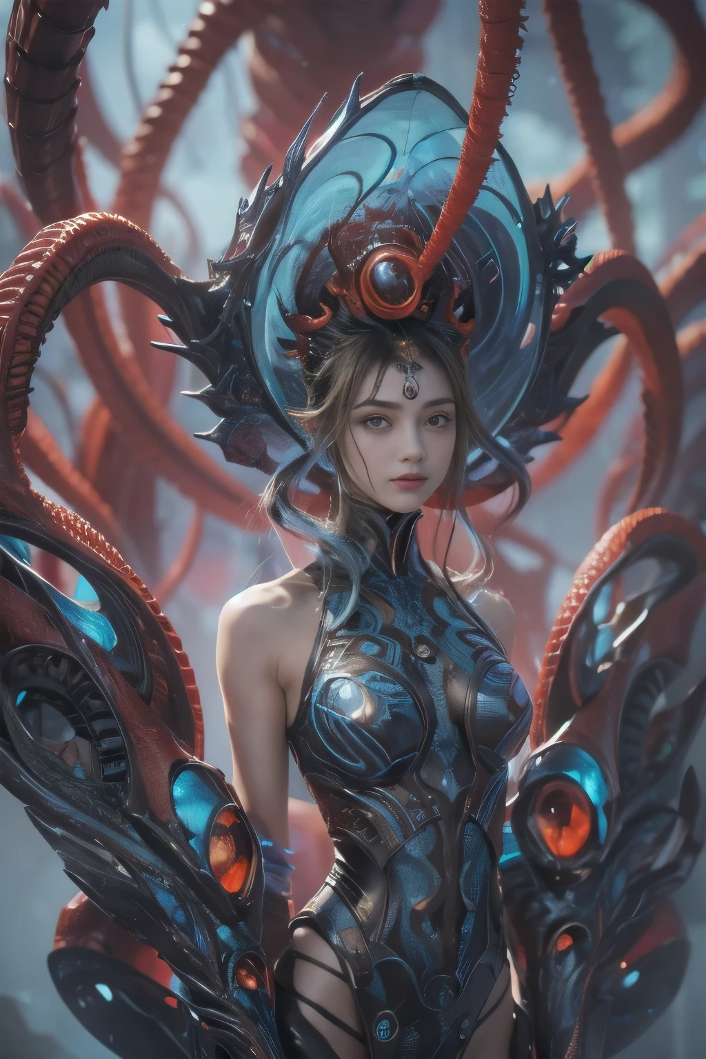 (Female Alien:1.3), Beautiful face, seduces, red eyes, Full body like, A sexy, alien, No humans, an alien, cells are fused, Multiple hands, (Lots of blue tentacles), (blue skin:1.3), extraterrestrial, cell, bio image, Enchanting, Best Quality, 8K,4K_quality, high_Definition,Dramatic Lighting, masutepiece:1.5,cinematic quality, detail up, (Intricate details:1.2), high resolution, High Definition, drawing faithfully, (Thick eyebrows:1.2), (Big scarlet eyes:1.6), Beautiful eyes with fine symmetry, (Ultra detailed eyes:1.2),(Highly detailed face and eyes:1.2), (High-resolution red-eye:1.4), Intimate face, (Super detailed skin quality feeling:1.4), Perfect Anatomy,  (Beautiful toned body:1.5),  (Moist skin:1.2), No makeup, (dark circles:1.1), long canines