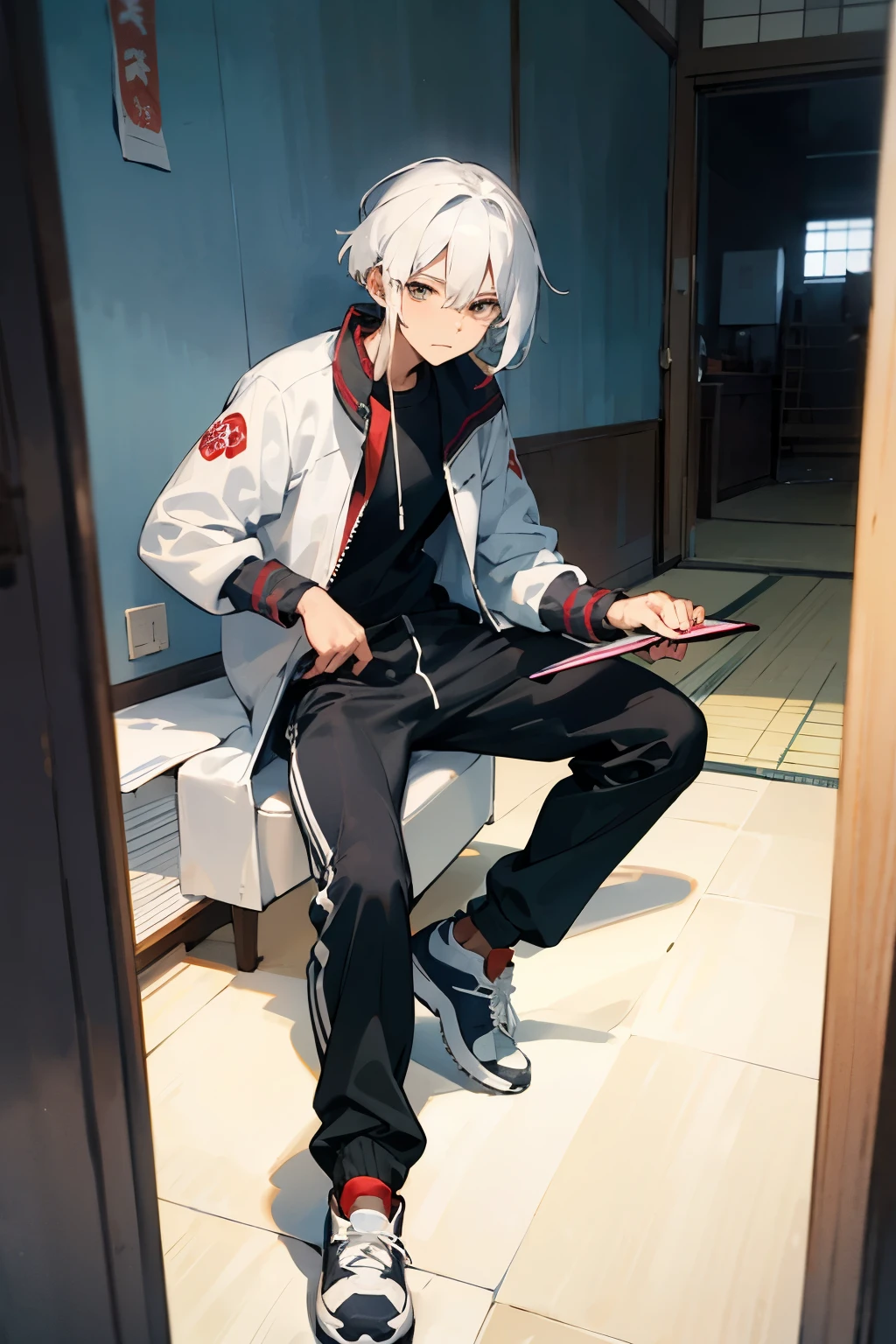 man with medium white hair tied, vestindo uma jaqueta branca com mangas pretas e detalhes vermelhos com escritas em japones, black sports pants and sports sneakers.
