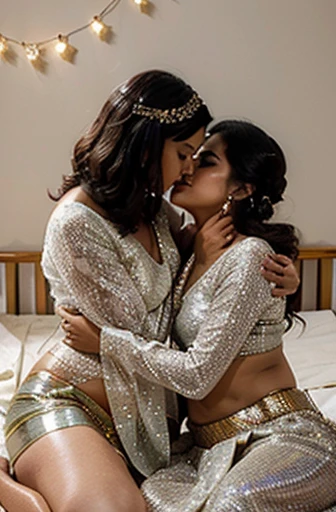 A 25 year old beautiful South Indian plus sized cream colour saree and black colour chiffon blouse wearing bride kissing a 48 year old groom in bed room, while laying on bed 