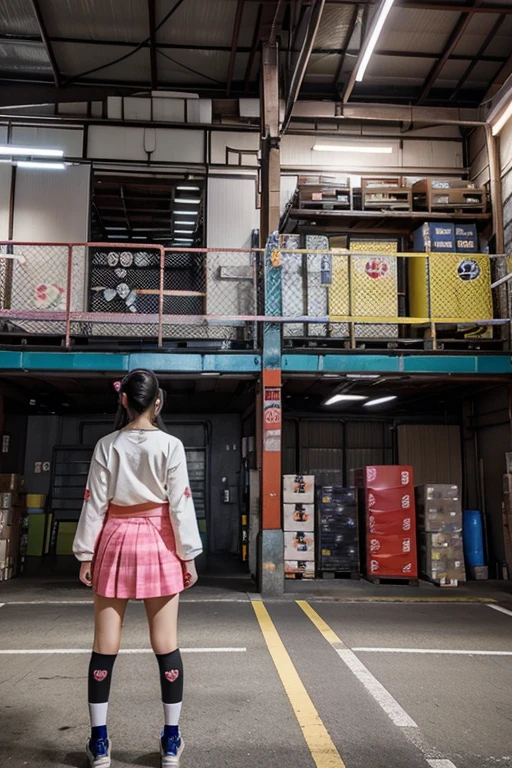 Japanese cars with kawaii stickers in a warehouse, very bright colors and neon lights, game area living space, asian girls in skirts