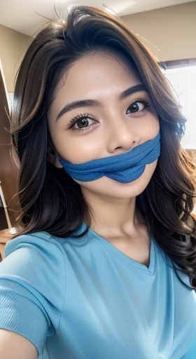 (8K, RAW photo, Best Quality, Masterpiece: 1.2),
(ultra high res, photorealistic:1.40), glorious picture, person dry and lowest lux,
Natasha, natural big wavy long hairstyle, (wearing blue color t-shirt),
Babyfat, No makeup,
Natural detailed eyes:1.1,
Natural detailed lips,
in a hotel,
Seductive smile facing the camera,
Highly detailed face and skin texture,
Vivid colors,
Sharp focus, gagged, cleave gag,