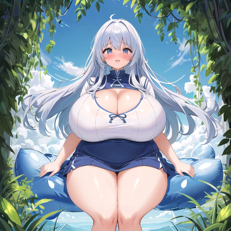 A Beautifully Big Breasted Cute Young Girl, (18 years-old), who is ((Extremely Embarrassed)), Embarrassed because of her Absurdly Overgrown Overinflated Ridiculously Huge Breasts, and her Unreasonably Gigantic Thick Thighs, big cleavage, (Breasts Inflated to Absurdly Huge Proportions, Ridiculously Enormously Overinflated Breasts),