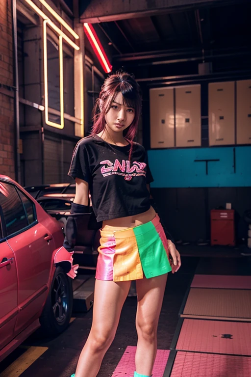 Japanese modified car in a neon bright warehouse, very bright colors and neon lights, game area living space, asian girls in skirts