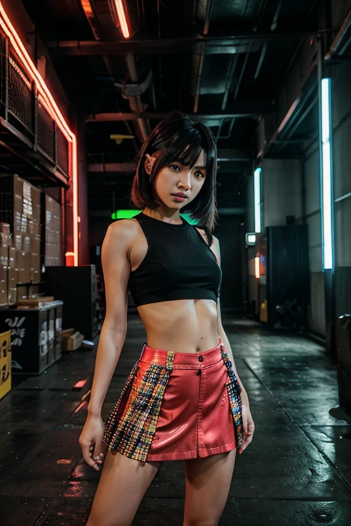 Japanese modified car in a neon bright warehouse, very bright colors and neon lights, game area living space, asian girls in skirts