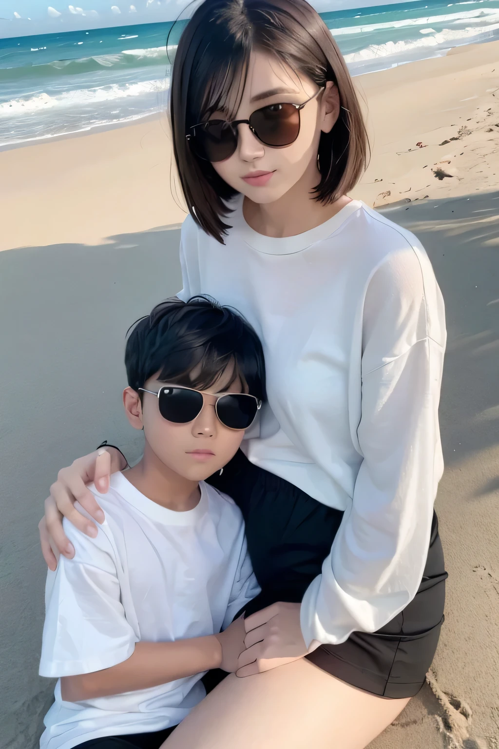 young boy sitting on his mom's lap, appropriate white underwear clothes, black shirt, blonde hair, sun glasses, beach background, mother and son, 1kid, 1boy