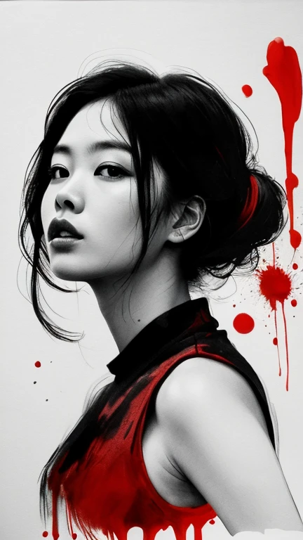 Hyperrealistic art monochrome Inkpunk style ink illustration of an asian girl, (head and shoulders portrait:1.2), (hyper aesthetic stylized red black color splash ink sketch:1.2), approaching perfection, large ravenconcept art, trending on artstation, sharp focus, (splash of red color:1.1) . Extremely high-resolution details, photographic, realism pushed to extreme, fine texture, incredibly lifelike