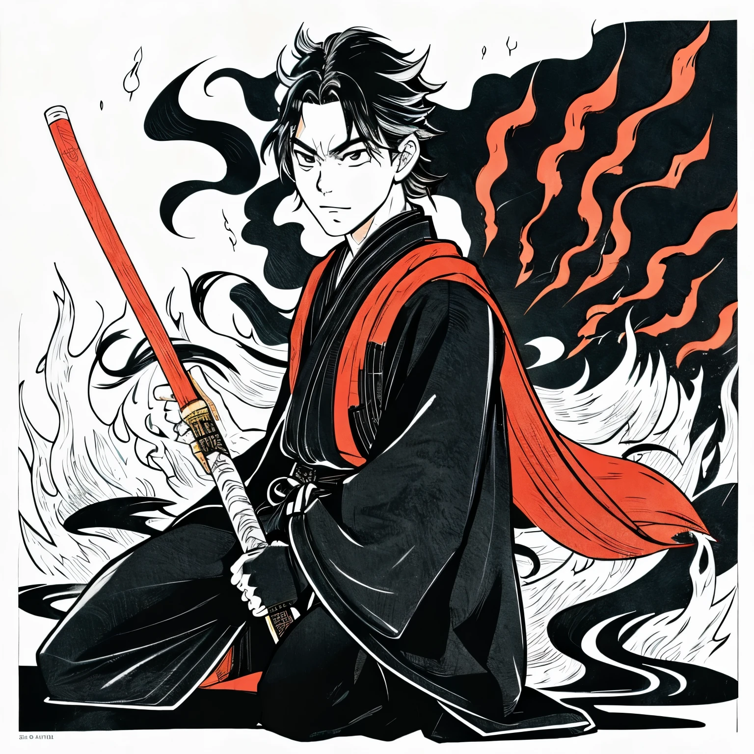 Anime samurai wiht his fire katana