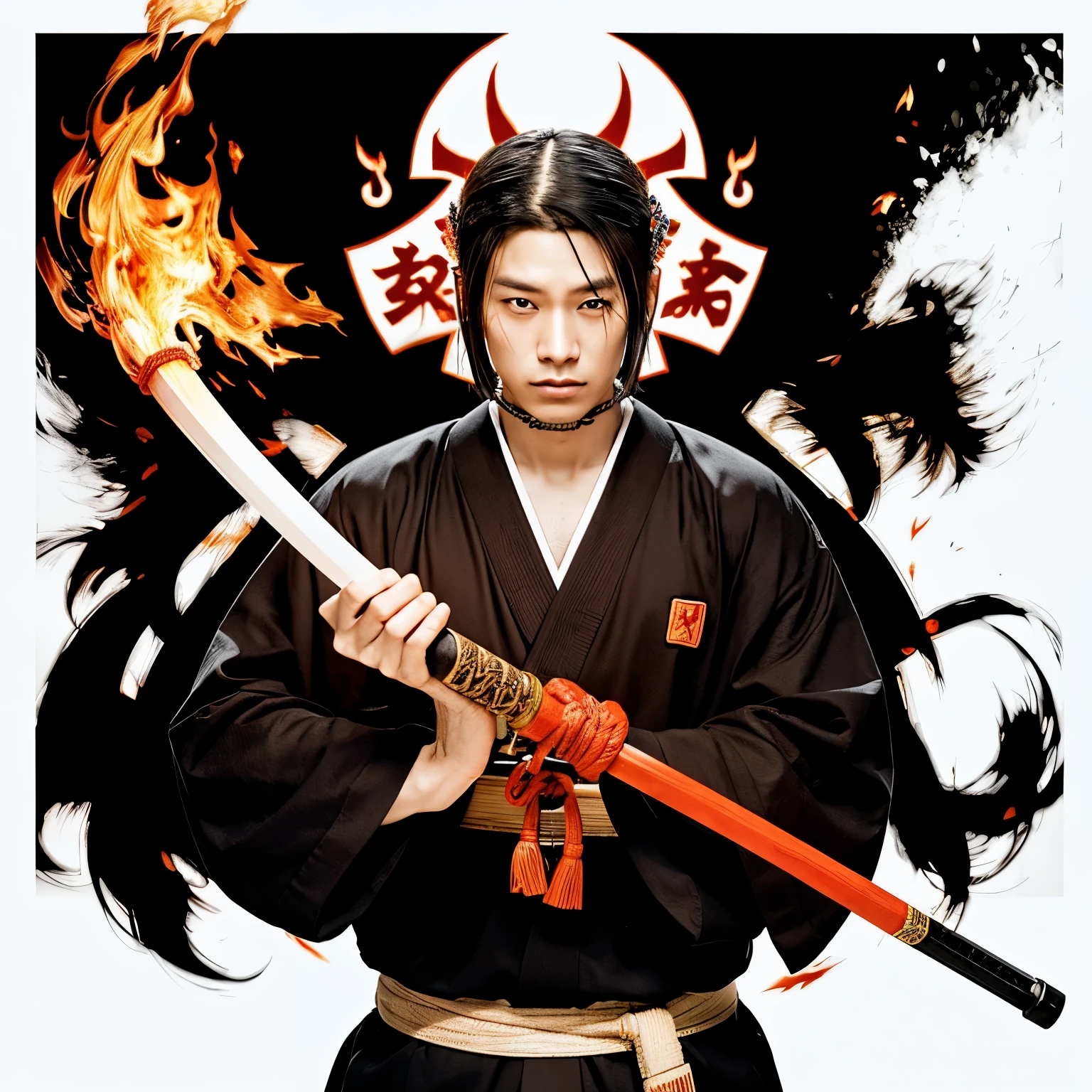 Anime samurai wiht his fire katana
