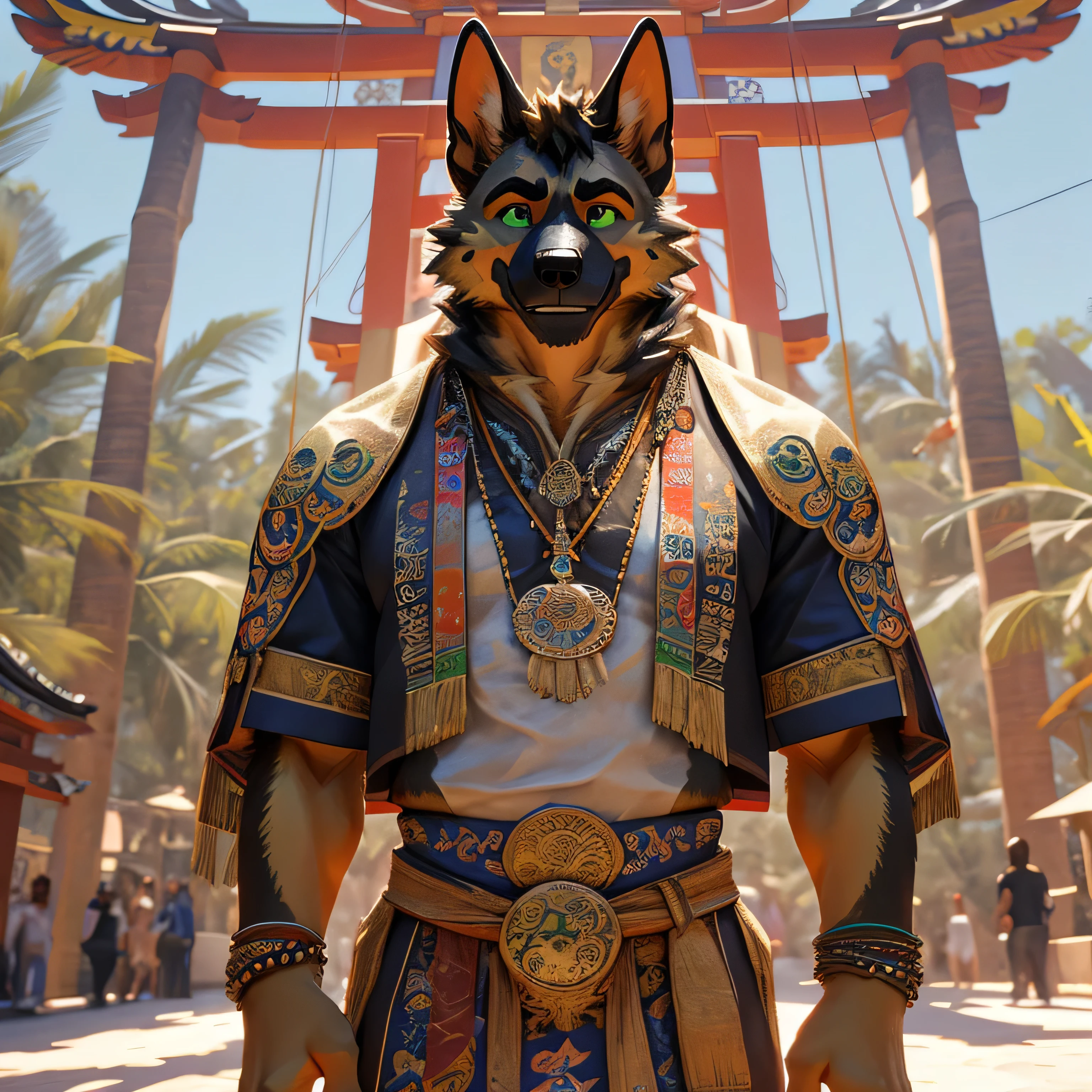 Male german shepherd wearing a Brazilian style outfit green eyes a realistic background of São Paulo playing pagoda Brazilian accent looking at the viewer a very cool smile unique and original 3D Unreal Engine 5 full HDR 8K