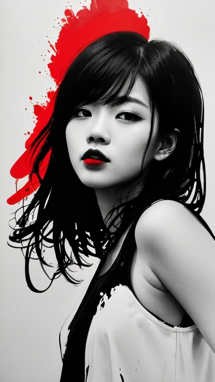 Hyperrealistic art monochrome Inkpunk style ink illustration of an asian girl, (head and shoulders portrait:1.2), (hyper aesthetic stylized red black color splash ink sketch:1.2), approaching perfection, large ravenconcept art, trending on artstation, sharp focus, (splash of red color:1.1) . Extremely high-resolution details, photographic, realism pushed to extreme, fine texture, incredibly lifelike