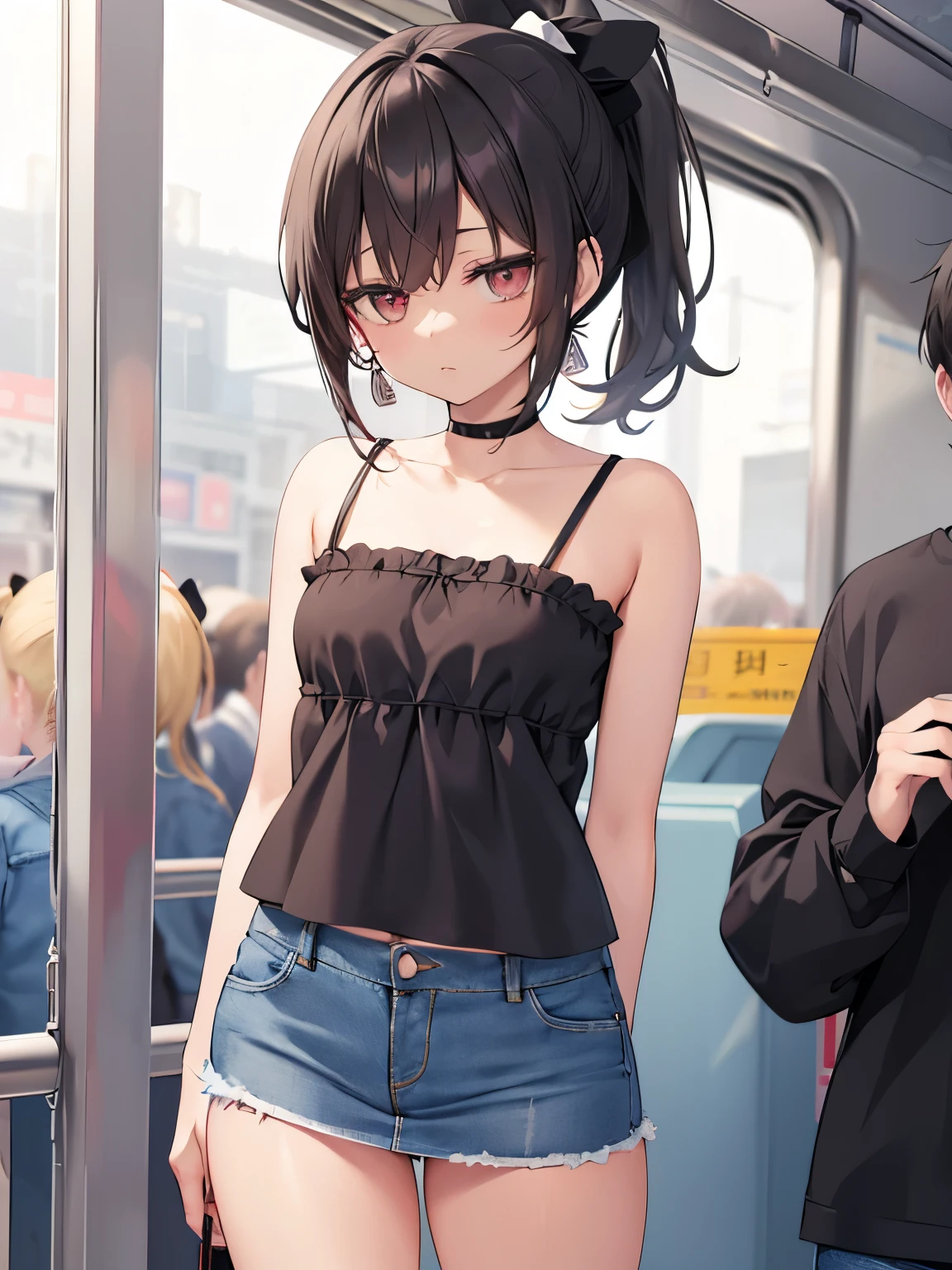 Young cute anime girl, dark hair, dark eyes, (jitome:1.6), (dark skin:1.4), big eyes, (short ponytail: 1.6), asymmetrical bangs, hair over one eye, fringe, earrings, slender, (flat chest:1.4), short height, detailed anime style, anime Painting, anime Face, high quality, high detail, super high resolution, sharpness, sharp contours, cowboy shot, perfect anatomy, golden ratio, (denim miniskirt:1.4), lace camisole, crowded train,