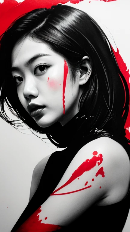 Hyperrealistic art monochrome Inkpunk style ink illustration of an asian girl, (head and shoulders portrait:1.2), (hyper aesthetic stylized red black color splash ink sketch:1.2), approaching perfection, large ravenconcept art, trending on artstation, sharp focus, (splash of red color:1.1) . Extremely high-resolution details, photographic, realism pushed to extreme, fine texture, incredibly lifelike