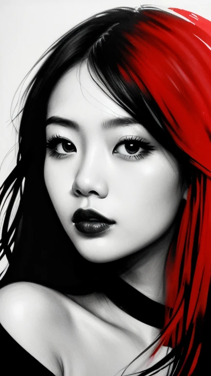 Hyperrealistic art monochrome Inkpunk style ink illustration of an asian girl, (head and shoulders portrait:1.2), (hyper aesthetic stylized red black color splash ink sketch:1.2), approaching perfection, large ravenconcept art, trending on artstation, sharp focus, (splash of red color:1.1) . Extremely high-resolution details, photographic, realism pushed to extreme, fine texture, incredibly lifelike