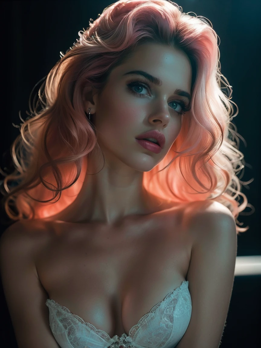 (((ultra realistic))) , masterpiece, top quality, (pale skin), (Ultra detailed face and eyes:1.1), 1 girl, Adult, deep neckline, waist up pose , upper knees pose , (Eye makeup, mascara) , ((large detailed lips)), ((pink wavy hair)), ((Chyolka)) , ((Natural breasts)). ((Posing)), photoshoot, studio ((contour light)), (The play of light and shadows), depth of field, bokeh, (special attention to skin detail: 1.2), (Cold atmosphere of the frame, Bright colors, Colours black), ((portrait, close to the camera)) , ultra detialed,