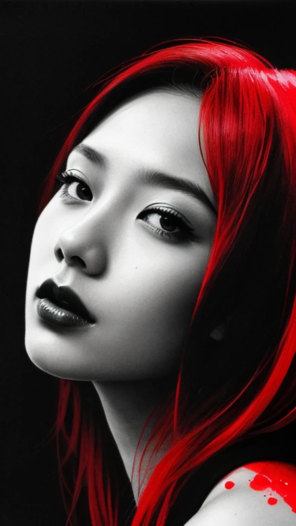 Hyperrealistic art monochrome Inkpunk style ink illustration of an asian girl, (head and shoulders portrait:1.2), (hyper aesthetic stylized red black color splash ink sketch:1.2), approaching perfection, large ravenconcept art, trending on artstation, sharp focus, (splash of red color:1.1) . Extremely high-resolution details, photographic, realism pushed to extreme, fine texture, incredibly lifelike
