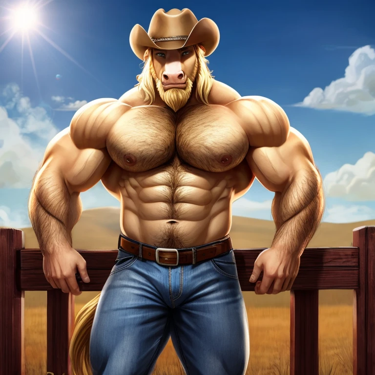 Male horse, white fur, blond short hair, big muscles, shirtless, hairy blond chest, cowboy pants, thick blond beard