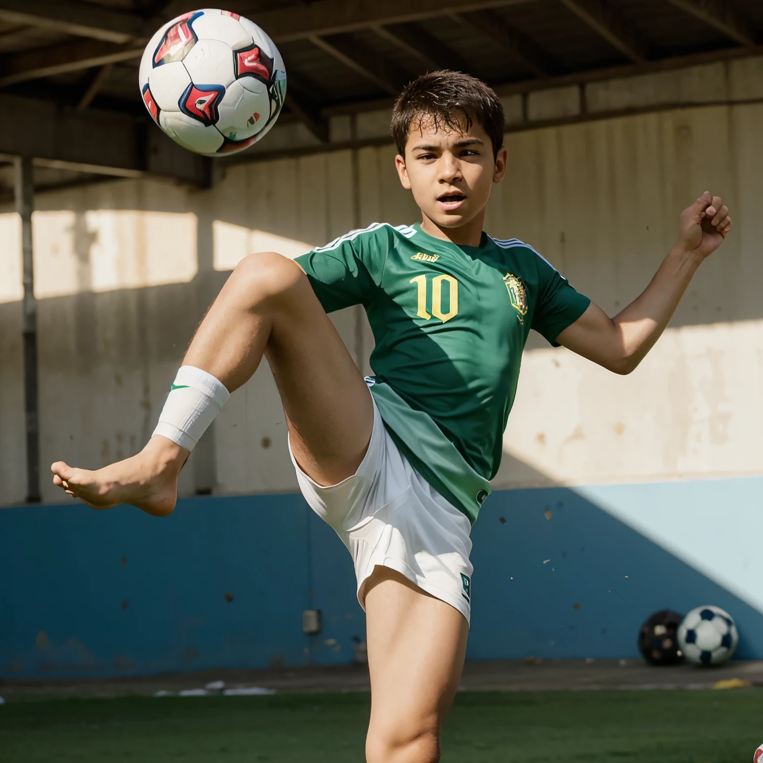 boy with Brazilian national team t-shirt kicking a soccer ball