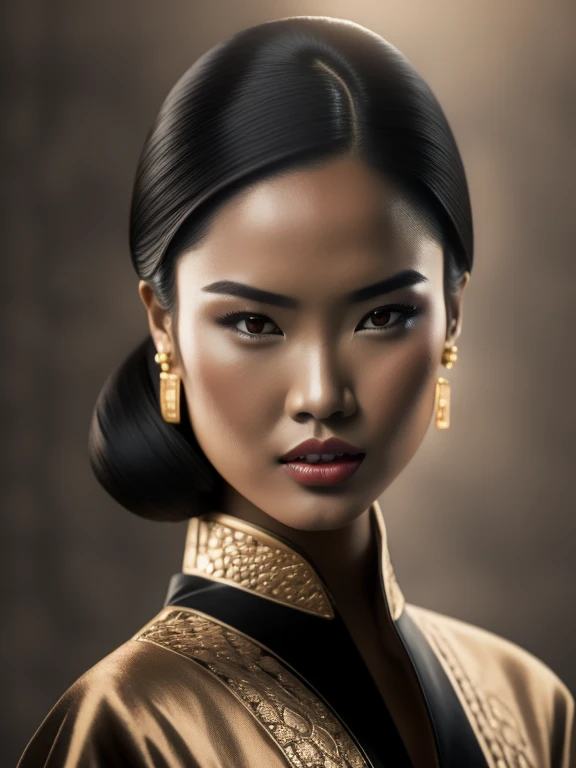 modelshoot style, RAW , waist up pose , upper knees pose ,1girl, 3d, asian, black_hair, blurry, brown_background, earrings, forehead, jewelry, lips, looking_at_viewer, nose, open_mouth, photo,  solo