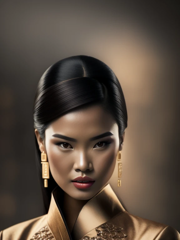 modelshoot style, RAW , waist up pose , upper knees pose ,1girl, 3d, asian, black_hair, blurry, brown_background, earrings, forehead, jewelry, lips, looking_at_viewer, nose, open_mouth, photo,  solo