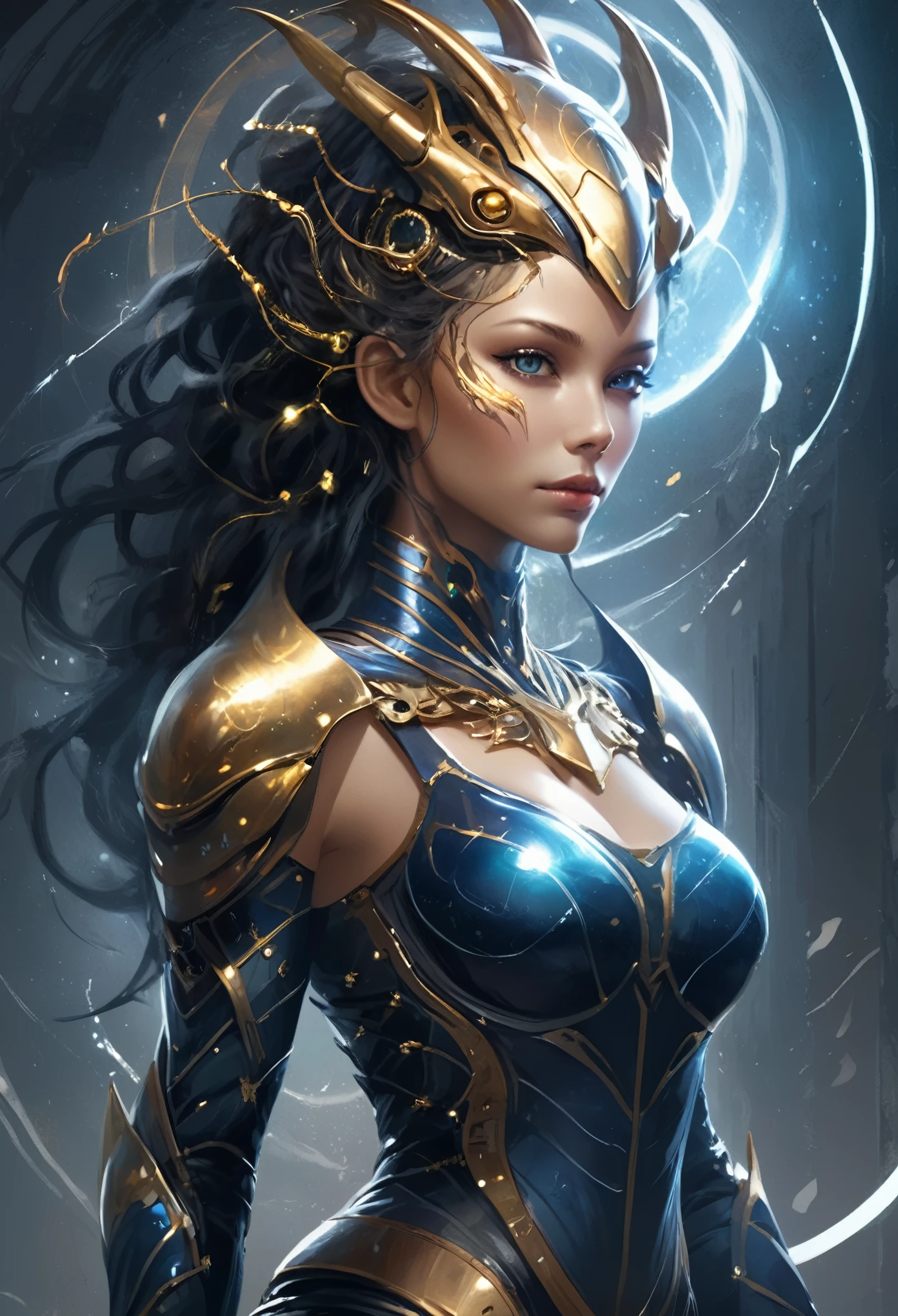 01_(Epic Character) (Dragon Girl). Horizontal composition, with some offset from the center-wide format. (Very beautiful creature, graceful form). (Alien creature, determined nature, menacingly beautiful). (Dragon Girl, a fantastic fantasy image, a creature with clear white skin, created for love, consists of graceful forms shimmering in the light, he is ready to love). (The body is covered with armor, armor). A very beautiful head, alien shape, (hair fetish hairstyle, shamanic amulets). Very beautiful - exotic face, slanted eyes, sensual lips, parted mouth, white - neat teeth, small fangs. A half-naked body with white pearlescent skin, a wide neckline, and small beautiful breasts, the body is covered with an exoskeleton, scars, hard black scales, the texture of the exoskeleton with artificial material (stone plastic and bionics, ground, polished, smooth, bas-relief, bionics, cyberpunk – they decorate protective plates on a very beautiful body, shoulders, knees, arms). Anatomy of an alien creature with pronounced sexual forms. The armor is decorated with scars - notches, relic bas-reliefs of alien meaning. 02_The composition is located in a horizontal frame. Eliminate symmetry, the main mass is not placed clearly in the center - with a slight offset. Magic, fantasy, sexual nature.
03_ Cold range of lighting, evening, snow storm, elements, gusty wind, slanting snow whirlwinds, dark blue, snowy background. Contrasting, clear lighting, warm magical light, clear cold shadows, contrasting image. Ice, snow, snow decor, intricate patterns. The highest image quality, a masterpiece, computer graphics. Cinematic level of performance, animated film. HD quality, wide format, 8K. 3D visualization. The scene was recreated using Unreal Engine. The highest quality, details, textures, materials, and clear forms (smooth bionic, synthetic material, artificial stone, plastic, metal). Black radiance from the depths of forms. Frontal view from camera, perspective, with watery ceilings, d
