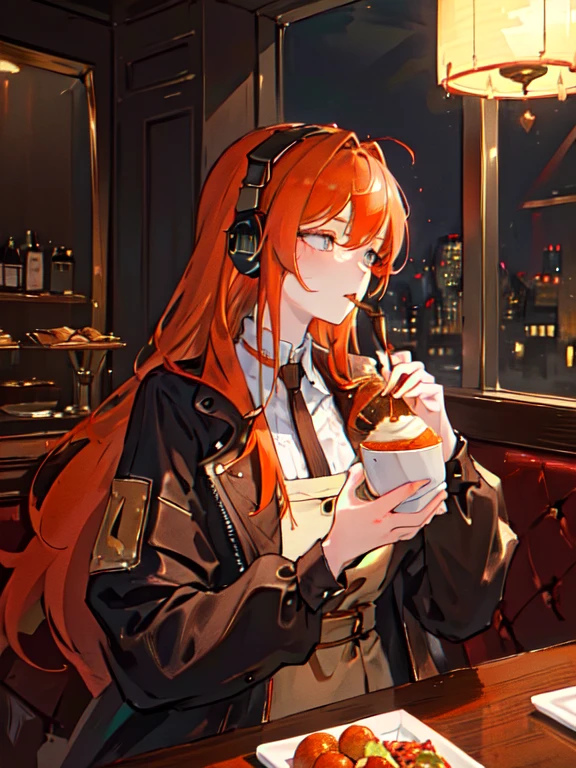 (masterpiece, Side light, Ultra-detailed, Beautiful, detailed eyes: 1.2), 1 Girl, bag, building, From the side, Headphones, Food, Food down, Fooded Jacket, Foodie, Jacket, Long Hair, Orange Hair, profile, Redhead, alone, Cafe, cafe interior, Upper Body, masterpiece, highest quality
