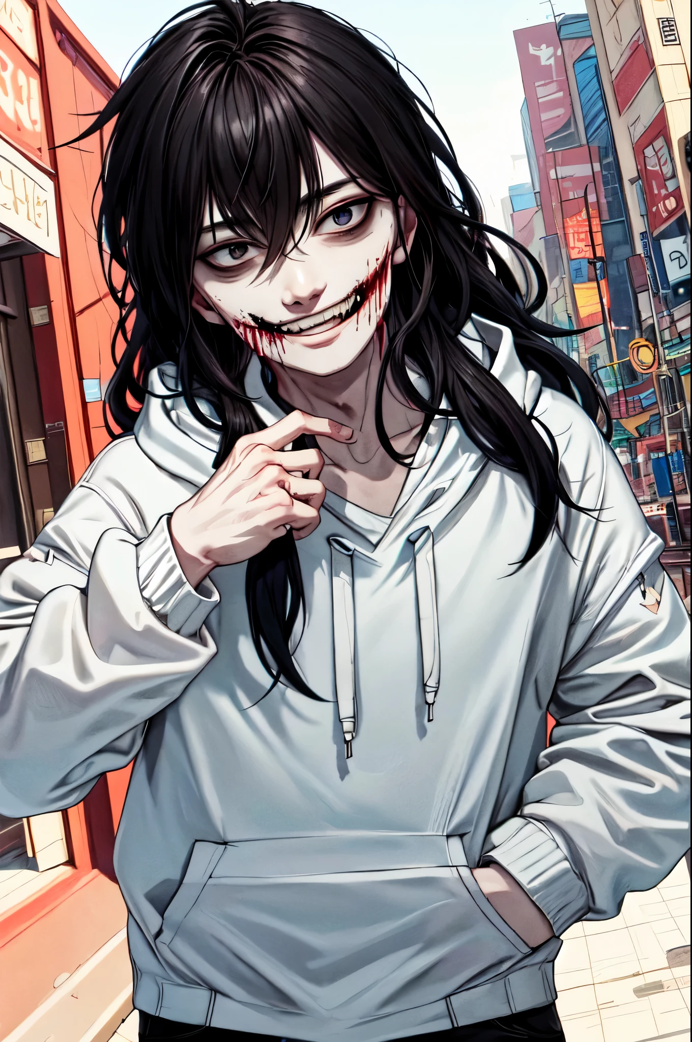 1man, long black hair, blue, slit mouth, bloody mouth, bloody smile, white hoodie, black pants, white background 
