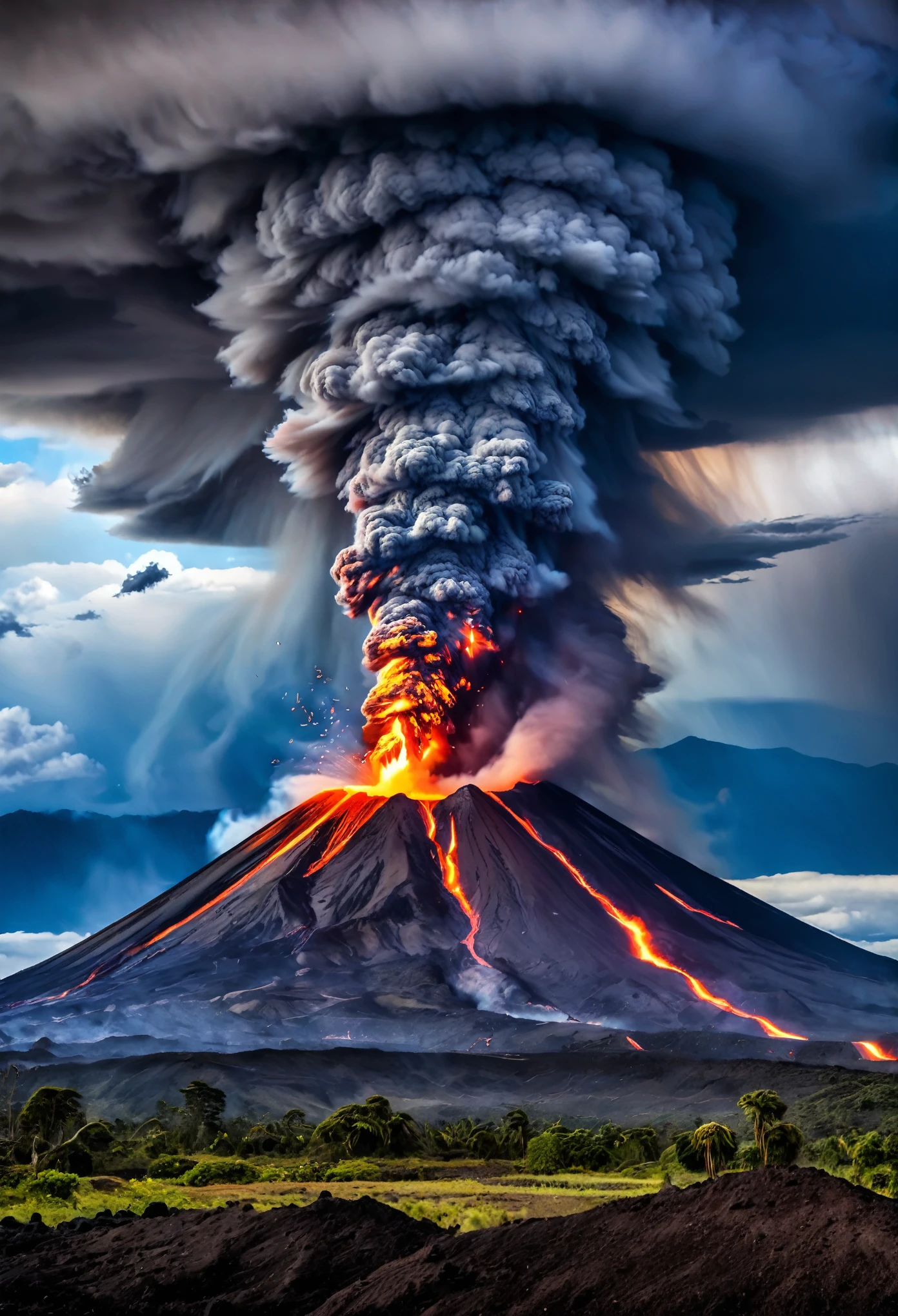 In an intricate display, erupting volcanoes depict the grand composition of Earth's tumultuous geology. (best quality:1.2),ultra-detailed,(realistic:1.37),vivid colors,sharp focus,HDR,studio lighting,landscape,volcanoes,geology,eruptions,fiery explosions,ominous smoke,molten lava,steaming vents,powerful forces of nature,awe-inspiring spectacle,dramatic scenery,colorful bursts,synchronized movements,chaotic eruptions,layers of ash,dynamic composition,symphony of violence,fiery crescendo,majestic power,magnificent natural wonders,majestic beauty,striking contrasts,raw energy,earth's restless core.