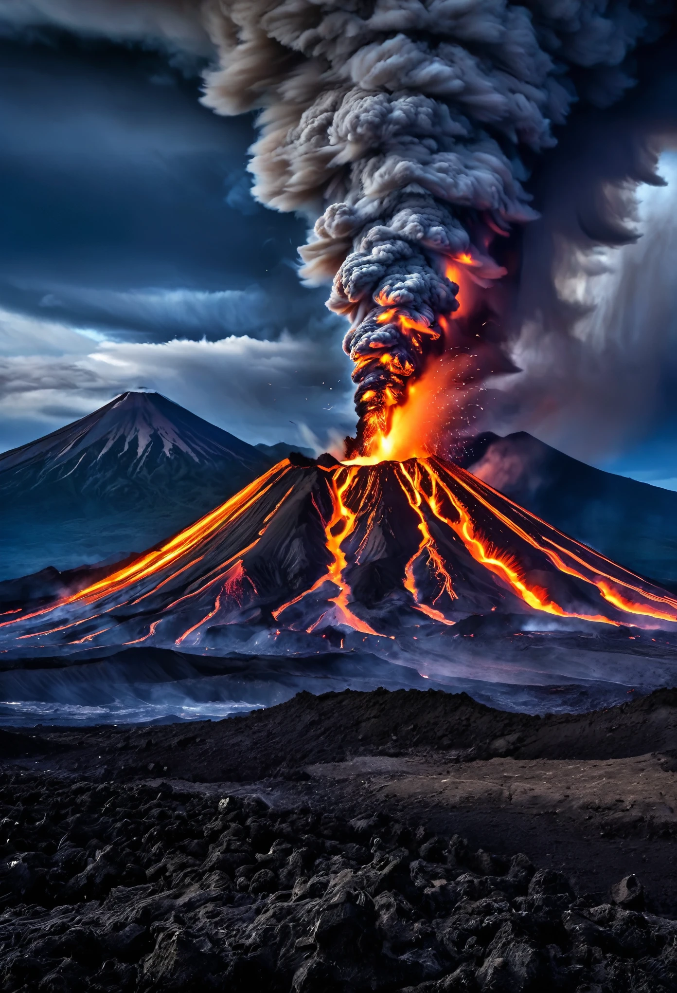 In an intricate display, erupting volcanoes depict the grand composition of Earth's tumultuous geology. (best quality:1.2),ultra-detailed,(realistic:1.37),vivid colors,sharp focus,HDR,studio lighting,landscape,volcanoes,geology,eruptions,fiery explosions,ominous smoke,molten lava,steaming vents,powerful forces of nature,awe-inspiring spectacle,dramatic scenery,colorful bursts,synchronized movements,chaotic eruptions,layers of ash,dynamic composition,symphony of violence,fiery crescendo,majestic power,magnificent natural wonders,majestic beauty,striking contrasts,raw energy,earth's restless core.