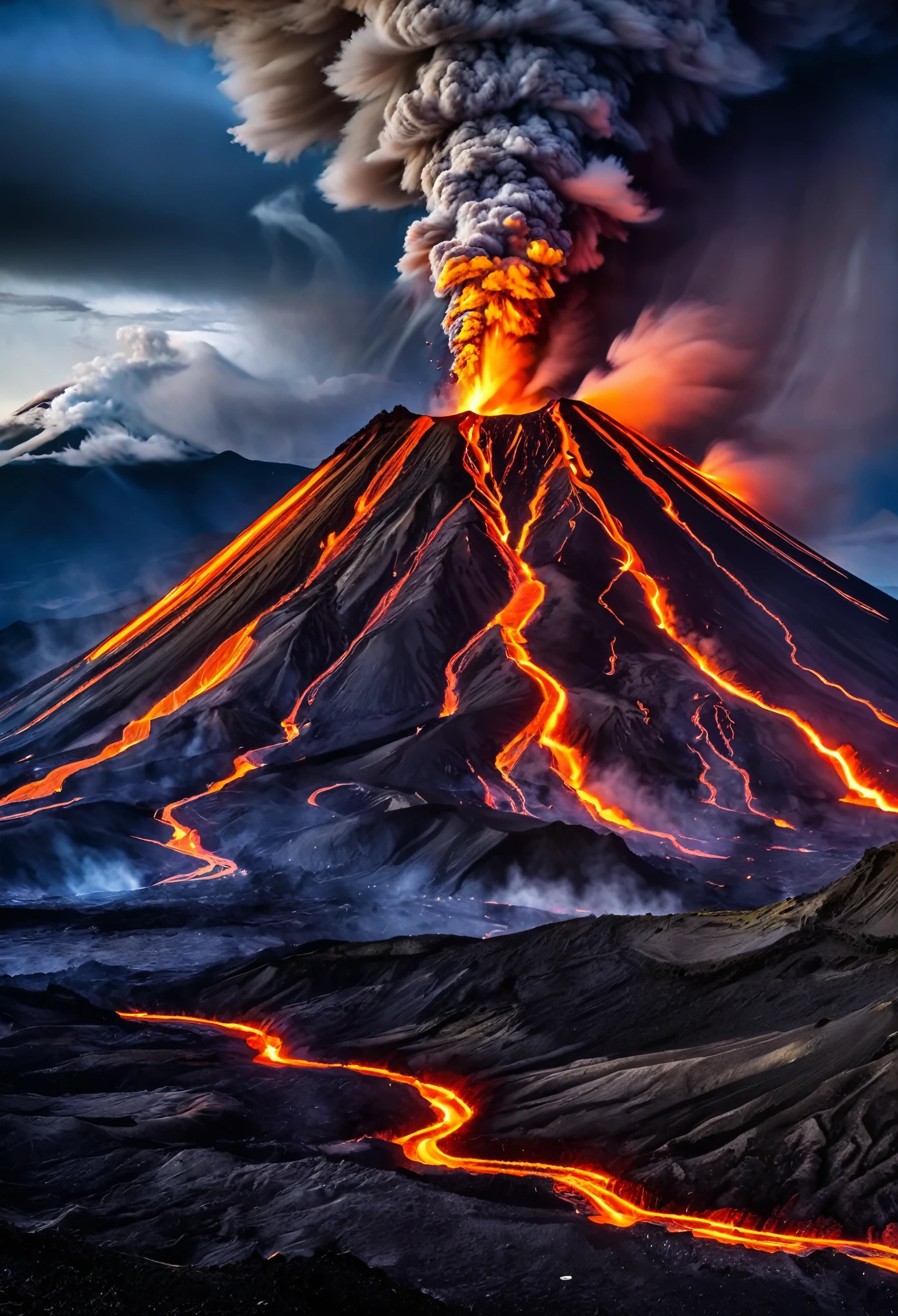 In an intricate display, erupting volcanoes depict the grand composition of Earth's tumultuous geology. (best quality:1.2),ultra-detailed,(realistic:1.37),vivid colors,sharp focus,HDR,studio lighting,landscape,volcanoes,geology,eruptions,fiery explosions,ominous smoke,molten lava,steaming vents,powerful forces of nature,awe-inspiring spectacle,dramatic scenery,colorful bursts,synchronized movements,chaotic eruptions,layers of ash,dynamic composition,symphony of violence,fiery crescendo,majestic power,magnificent natural wonders,majestic beauty,striking contrasts,raw energy,earth's restless core.