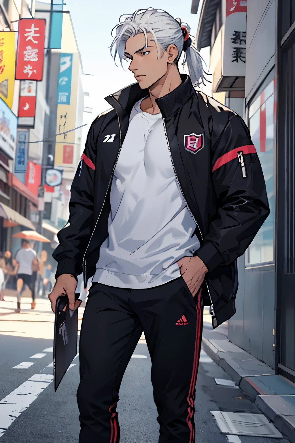 muscular man with medium white hair tied, vestindo uma jaqueta branca com mangas pretas e detalhes vermelhos com escritas em japones, black sports pants and sports sneakers. ele esta andando pela cidade