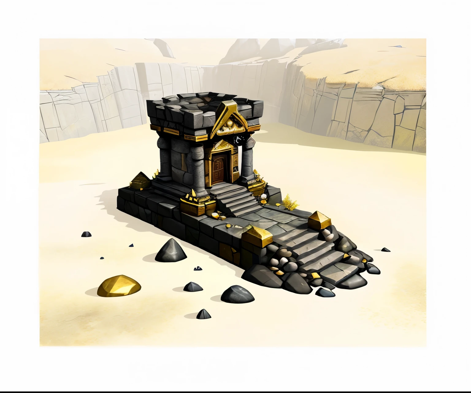 dwarven temple built into rocks, dark stone walls, shattered stone, golden accents, gold nugget on a pedestal in the yard, game art, digital painting