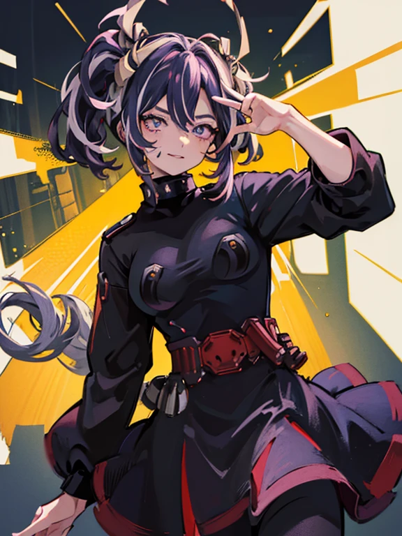 scan, (Fondo de pantalla CG unity 8k extremadamente detallado:1.1), high resolution, (1 chica), Mrs. Nagant, boku no hero academia, (cabello purpura), (pelo multicolor), (ojos morados), vestido negro, sin mangas, senos, belt,aiming, dinamic pose