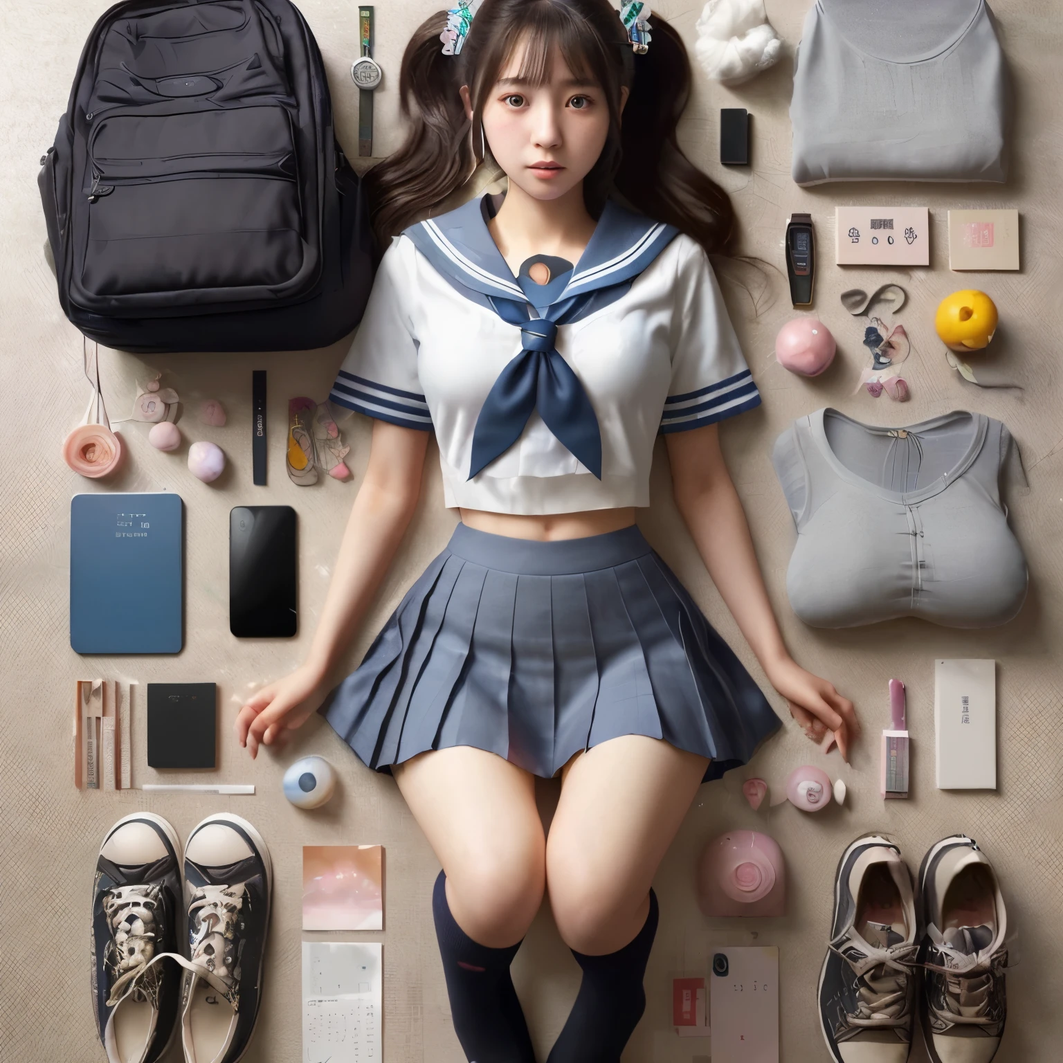 (best quality,4k,8k,highres,masterpiece:1.2),ultra-detailed,(realistic,photorealistic,photo-realistic:1.37), a girl in a school uniform surrounded by various objects, photographed by Alafad, Lu Dongjun's "Surrealism", CG societal trend, the art of mathematics, a hyperrealistic female student, hyperrealistic female student, realistic female student, female student, Japanese, Qingfu, beautiful anime high school girl, captivating, cyber high school girl, illustrations, surreal, vibrant colors, dreamlike atmosphere, soft lighting, intricate details, Alafad-inspired surreal composition.