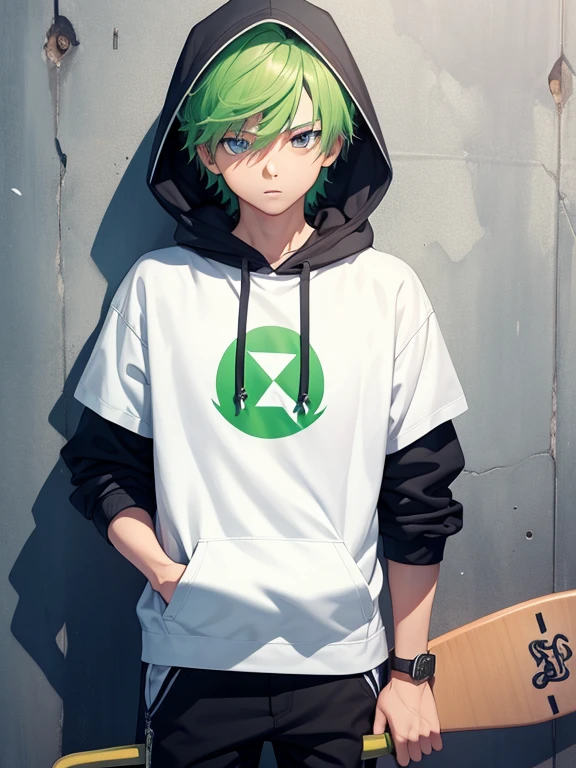 masterpiece, best quality, high resolution, UHD, 8k, ((cowboy shot)), BREAK, 1 boy , ((boy style anime)), Glossy skin, rounded eyes, realistic eyes, Beauty of perfect body, shadow realistic, BREAK, boy with light green hair, wearing a hoodie, head covered with a hood, long yellow shorts, holding a skateboard, black bracelets, standing holding a skateboard with a skateboard ramp and walls with graffiti as a background.