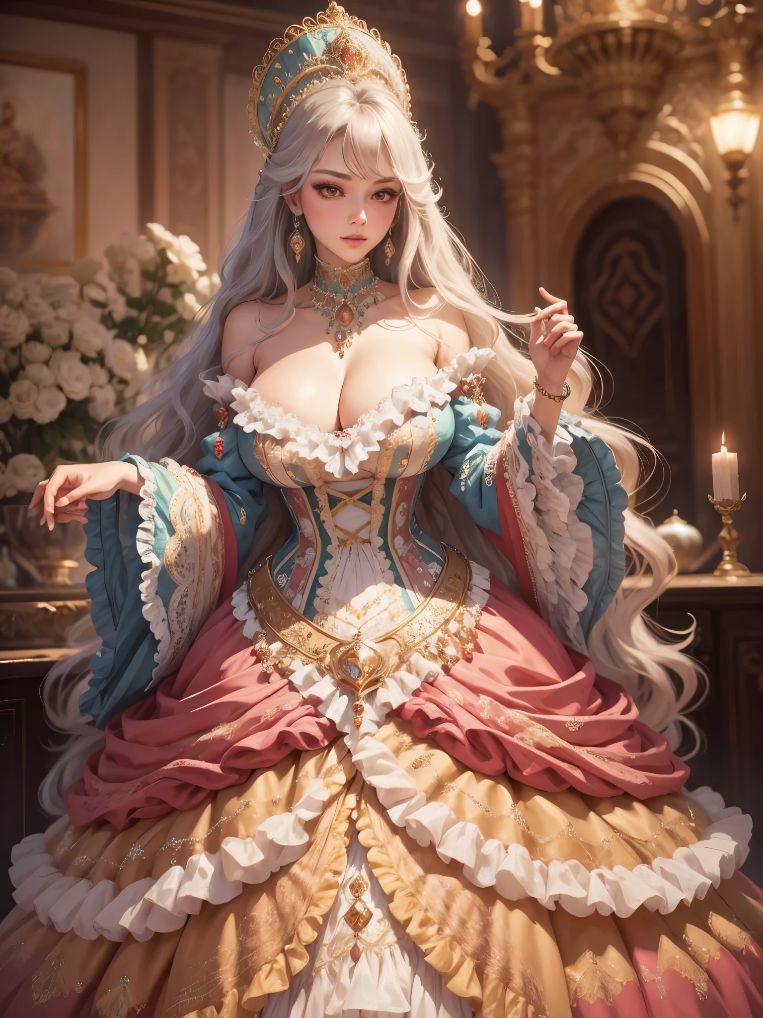 ((moe anime artstyle)),((Masterpiece)),(Best Quality), (Super Detail),((Very Delicate and Beautiful)),((Solo)),full body,(((full body))),((1 bling-bling princess in beautiful embroidery and jeweled gorgeous rococo ball gown with voluminous full-length hoop skirt)),(((absurdly gigantic tits))),((cleavage,curvy)),Skindentation,((detailed face and eyes)),jewel-like eyes,((crinoline,long train)),((standing in the royal palace)),super detailed gorgeous rococo ball gown with voluminous full length hoop skirt and long train,(((super detailed bling-bling gorgeous rococo ball gown with beautiful embroidery and jeweled))),((large amount of straight hair, absurdly long hair,Very Long Straight Hair)),extremely gorgeousfull hair ornament,(bling-bling extremely gorgeous jeweled tiara),luxurious jewelry,full body,((super detailed beautiful embroidery and jeweled gorgeous rococo ball gown with voluminous full-length hoop skirt))