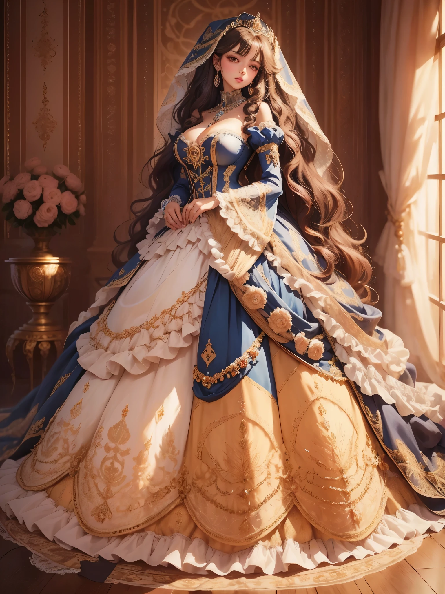 ((moe anime artstyle)),((Masterpiece)),(Best Quality), (Super Detail),((Very Delicate and Beautiful)),((Solo)),full body,(((full body))),((1 bling-bling princess in beautiful embroidery and jeweled gorgeous rococo ball gown with voluminous full-length hoop skirt)),(((absurdly gigantic tits))),((cleavage,curvy)),Skindentation,((detailed face and eyes)),jewel-like eyes,((crinoline,long train)),((standing in the royal palace)),super detailed gorgeous rococo ball gown with voluminous full length hoop skirt and long train,(((super detailed bling-bling gorgeous rococo ball gown with beautiful embroidery and jeweled))),((large amount of straight hair, absurdly long hair,Very Long Straight Hair)),extremely gorgeousfull hair ornament,(bling-bling extremely gorgeous jeweled tiara),luxurious jewelry,full body,((super detailed beautiful embroidery and jeweled gorgeous rococo ball gown with voluminous full-length hoop skirt))