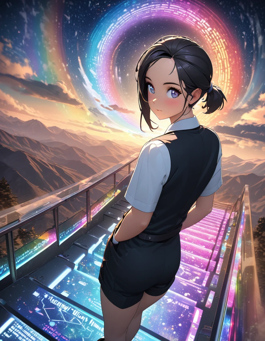 Hojo Tsukasa manga style，A girl, single ponytail, black hair, forehead, hotel waiter uniform, nylon shorts, flat boots, mountains, starry night, glowing stone stairway, Rainbow cape，Rainbow color illustration, magically glowing, Shiny and colorful, Hologram, Digital Animation Art, front，Full body portrait，Horizontal viewing angle，Colorful，Depth of Field，Overclocking Renderer，Movie Lighting，Ultrafine，Ultra Detailed，CG art，