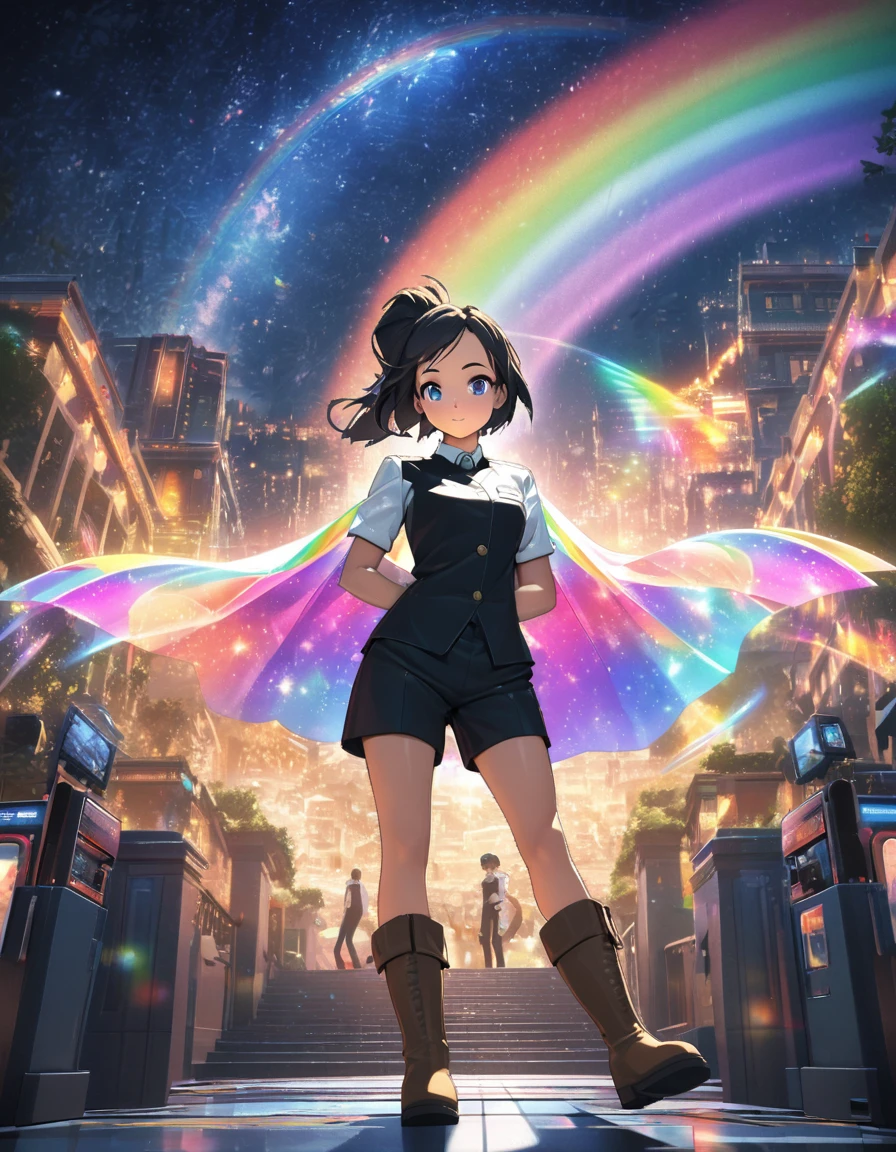 Hojo Tsukasa manga style，A girl, single ponytail, black hair, forehead, hotel waiter uniform, nylon shorts, flat boots, mountains, starry night, glowing stone stairway, Rainbow cape，Rainbow color illustration, magically glowing, Shiny and colorful, Hologram, Digital Animation Art, front，Full body portrait，Horizontal viewing angle，Colorful，Depth of Field，Overclocking Renderer，Movie Lighting，Ultrafine，Ultra Detailed，CG art，