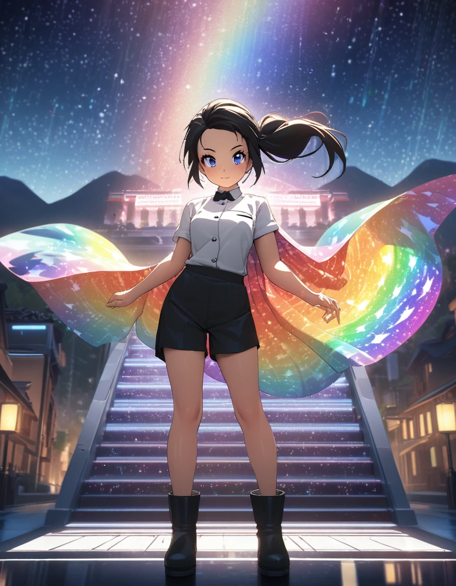 Hojo Tsukasa manga style,A girl, single ponytail, black hair, forehead, hotel waiter uniform, nylon shorts, flat boots, mountains, starry night, glowing stone stairway, Rainbow cape,Rainbow color illustration, magically glowing, Shiny and colorful, Hologram, Digital Animation Art, front,Full body portrait,Horizontal viewing angle,Colorful,Depth of Field,Overclocking Renderer,Movie Lighting,Ultrafine,Ultra Detailed,CG art,