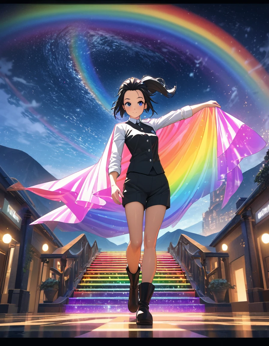 Hojo Tsukasa manga style,A girl, single ponytail, black hair, forehead, hotel waiter uniform, nylon shorts, flat boots, mountains, starry night, glowing stone stairway, Rainbow cape,Rainbow color illustration, magically glowing, Shiny and colorful, Hologram, Digital Animation Art, front,Full body portrait,Horizontal viewing angle,Colorful,Depth of Field,Overclocking Renderer,Movie Lighting,Ultrafine,Ultra Detailed,CG art,