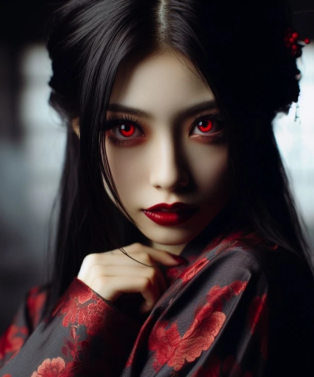 (dark red eyes), masterpiece, Depth of the bounds written, depth of field, There is a woman in a black dress and red lipstick, cruel goth girl, androgynous vampire, Lutz, Gwaites style artwork, The Queen's Appearance, dark vampire, vampire girl, Fusion of dark fantasy and realism, 20 year old goth girl, Rousch style and clamp style, Portrait of a female vampire
