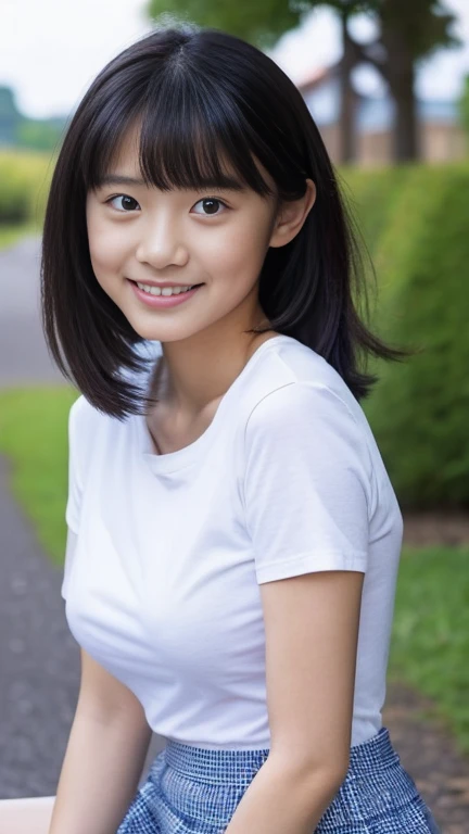 8k,masterpiece,Japanese,9-year-old girl,from the front,smile,cute,Innocent face,Innocent,Kind eyes,Childish,Plain T-shirt,Short sleeve,Blue checked short skirt,semi-long,Hair blowing in the wind,Black Hair,Somewhat strong wind,noon,bright,Sitting,Large Breasts,Inflated chest,Butt,
