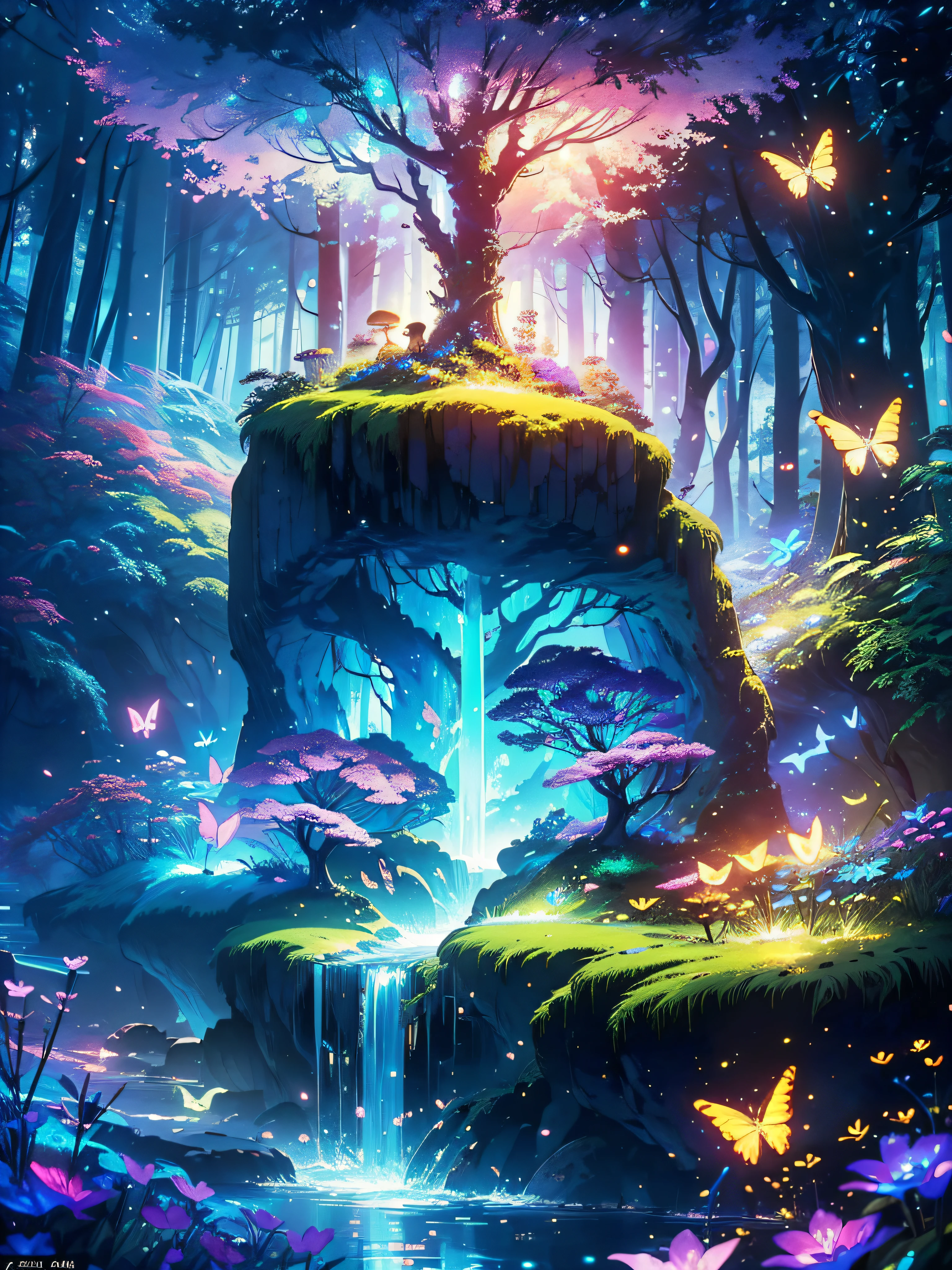 A mysterious forest full of magic, Neon colored butterfly, Pure blue water river spring, Golden mini fairy, Glowing mushrooms release pollen, extremely beautiful landscape, (Surreal), {Extremely detailed 8k CG unit wallpaper}, expansive landscape photography, (Prioritize a low view of the entire scene, (Broaden your horizons), (Low angle shot), (emphasize: 1.5), (Low light: 1.0), (Warm light source: 1.0), Intricate details, (Rainbow Colors: 1.5), (Bright Lights), (Mood lighting), nature, magic, landscape
