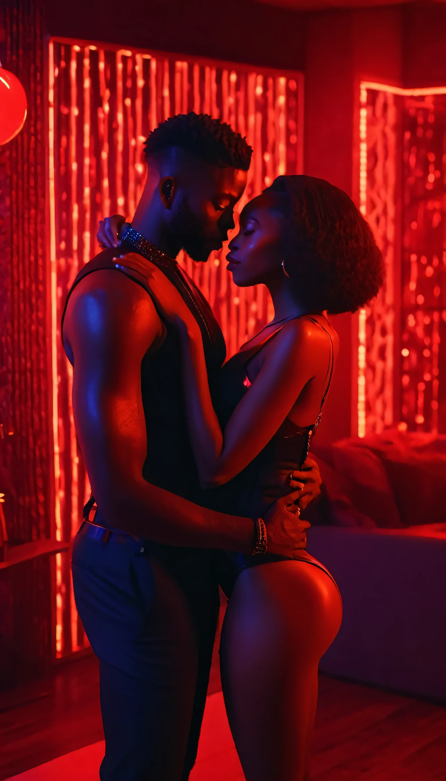 A beautiful black couple embracing each other in a house with red lights, ultra high resolution, afrofuturism, extremely detailed, 8K, masterpiece:1.2, fashionable attire, vibrant colors, moody lighting.