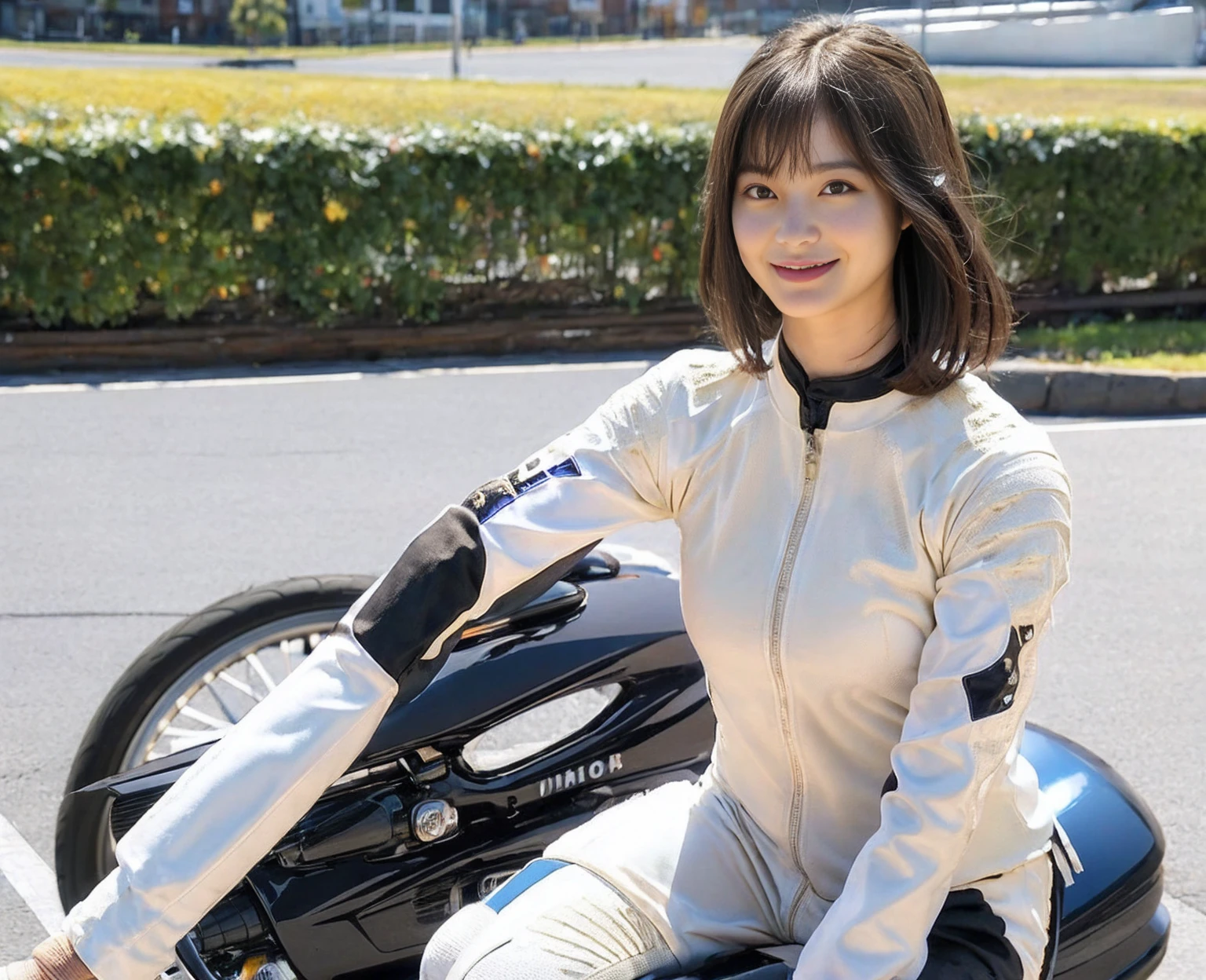(Realistic:1.5), 8k, Super delicate beauty, (a sunny day:1.5), Intricate bike details (highest quality: 1.0), (Super sharp cutting edge: 1.0),(Beautiful and delicate depiction of eyes),(((Beautiful woman riding motorcycle))),Unreal Engine:1.4,photoRealistic:1.4, Skin Texture:1.4, masterpiece:1.8, smile、Long legs、((smile))、((Full Body Shot))、((Beige racing suit))