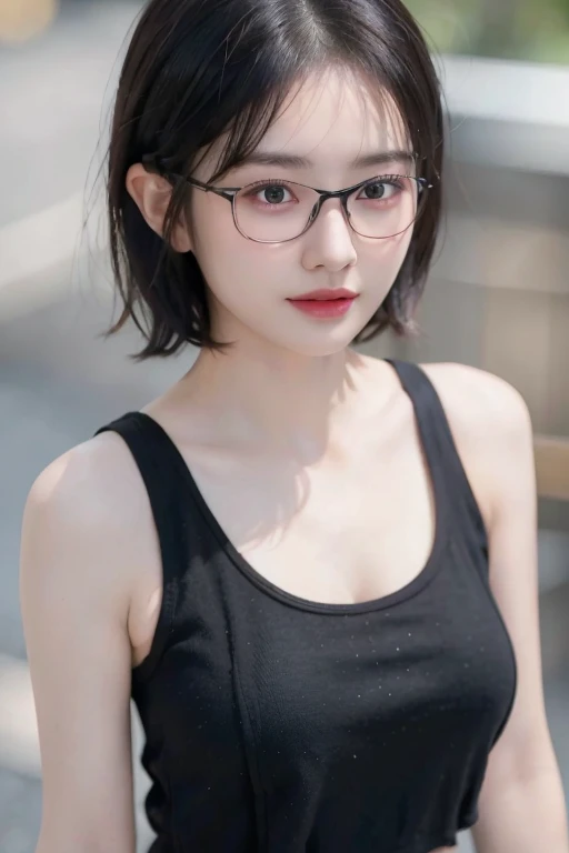 1girl, ((extreme detail)), (ultra-detailed), (best quality, 4k, 8k, highres, masterpiece:1.2), (realistic, photorealistic, photo-realistic:1.37),
(extremely detailed CG unity 8k wallpaper), (an extremely delicate and beautiful),
fine detail, insane details, sharp focus, soft back, soothing tones, hyperdetailed, low contrast, exposure blend, illustration, puffed breast, ample cleavage
beautiful lighting, perfect lightning, precise proportions, (bokeh background), (short-length hair, black hair, partedhair:1.45), (white tank top), (denim shorts), (wearing glasses), smile,