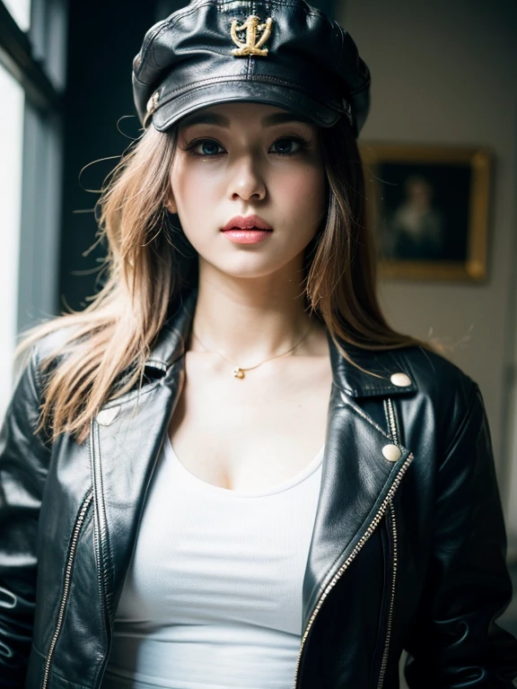 ((8k:1.27), best quality, masterpiece, ultra high resolution:1.2) Photo of Danish pretty woman, blue-eyed blonde (beautiful:1.1) (sexy sensual confident look to camera woman:1.1) space soldier, (cap:1.61) (leather jacket:1.21) intricate elegant, fantasy, detailed