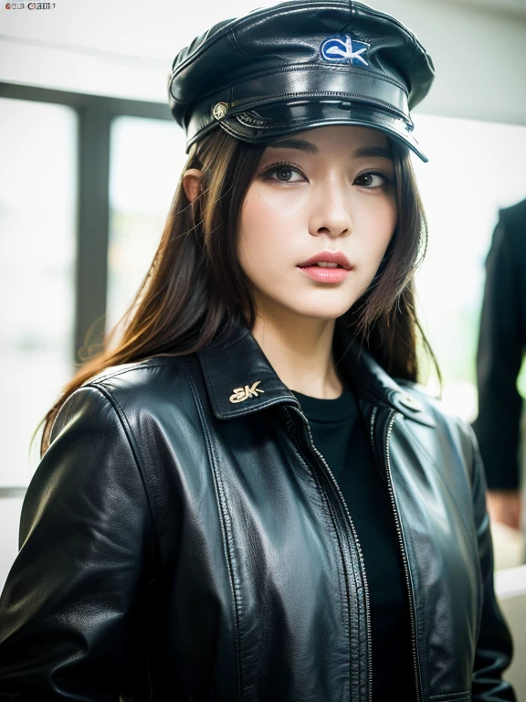 ((8k:1.27), best quality, masterpiece, ultra high resolution:1.2) Photo of Danish pretty woman, blue-eyed blonde (beautiful:1.1) (sexy sensual confident look to camera woman:1.1) space soldier, (cap:1.61) (leather jacket:1.21) intricate elegant, fantasy, detailed