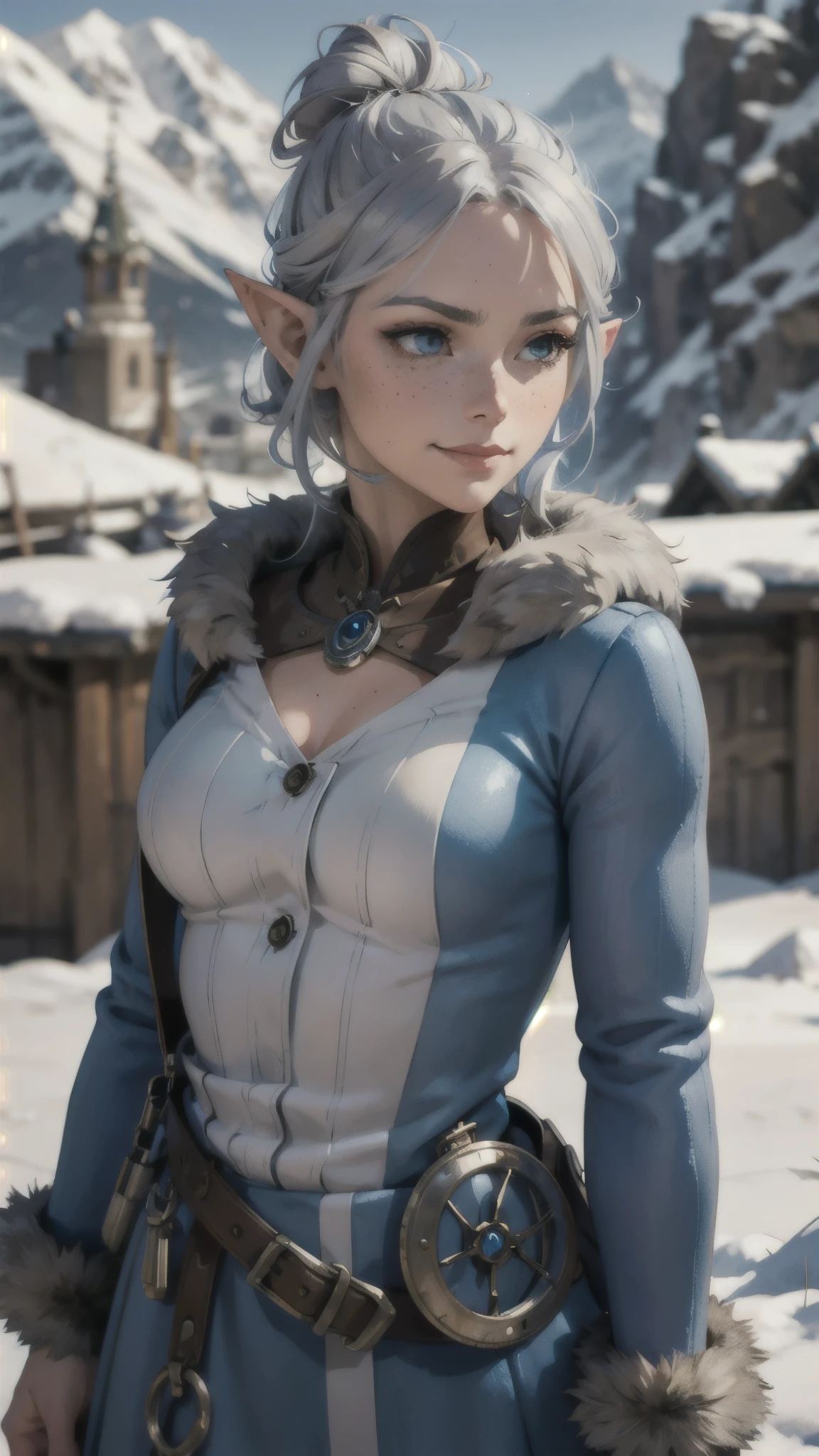 steampunk beautiful elf, silver hair in a messy bun, detailed face, light freckles, smirk, blue brown fur dress, early morning, snowy mountains, depth of field, blurry background
